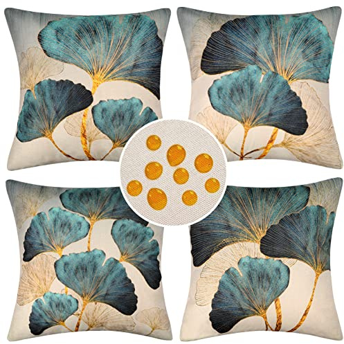 4 Piezas Impermeables Lino Funda de Cojines de Exterior Funda de Almohada Cuadrado Verde Verano para Patio Balcón Jardín Sofá Oficina Hogar Decorativas 50x50cm para Sala de Estar Fundas para Cojines