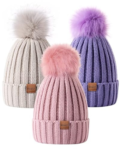 MSDC Bonnet Femme avec Pompon 3 Pièces Bonnet Femme Hiver Tendance Tricoté Chaud Bonnet Tête de Mort Bonnet Femme pour Temps Froid, Beige + rose + violet, taille unique