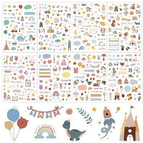 BETESSIN 440 Sticker Baby Aufkleber Fotoalbum Sticker Babyalbum für Mädchen Junge 8 Bögen für Gästebuch Babyparty Gastgeschenk mit Sprüchen Tieren zum Gestalten von Scrapbook Bullet Journal
