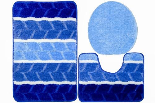 AKCILA Fano Blau Badteppich Set 3-teilig, Rutschfester , Rechteckig, Bunt, Badematten & Badteppiche, Badezimmerteppich , Bad Vorleger waschbar