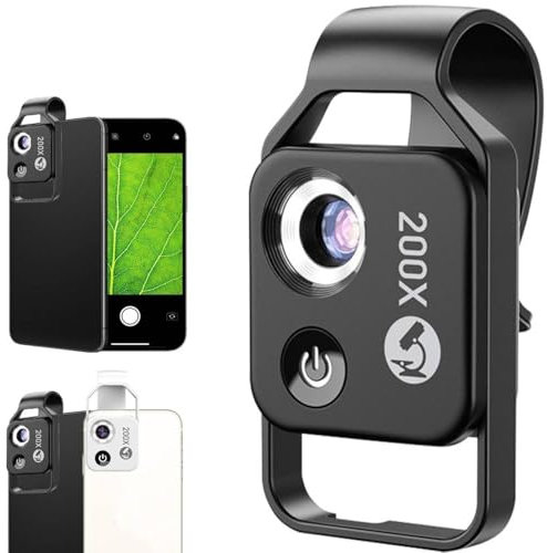Nano Zoom 200x para iPhone, lente de microscopio de teléfono, mini microscopio de bolsillo para teléfono 200x, zoom de aumento de 200x Nanozoom con filtro polarizador CPL para iPhone, con iluminación