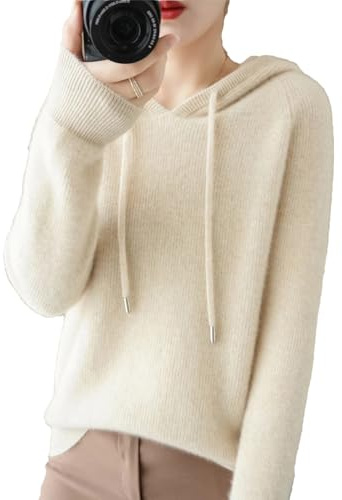 Sweat à capuche en cachemire d'hiver pour femme avec capuche lâche Tricoté à manches longues épais, beige, S