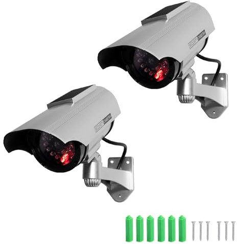 Twilight Garage Confezione da 2 telecamere di sorveglianza finte, alimentate a energia solare, con LED flash e adesivi di avvertimento di sicurezza, finta telecamera a circuito chiuso per uso interno