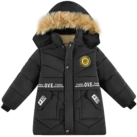 linboo Manteau Enfant Garçon Doudoune Doublure Polaire Chaud Veste d'Hiver à Amovible Capuche Fourrure Mode Blouson Matelassé, Noir, 9-10 ans