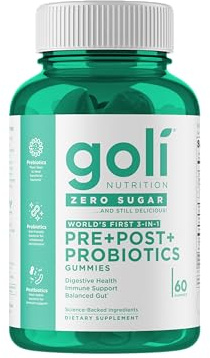 Goli Zero Sugar Pre, Post, Probiotic Gummies. World's First 3-in-1 Gluten-Free, Vegan, Non-GMO, and Gelatin-Free, 60 Gummies