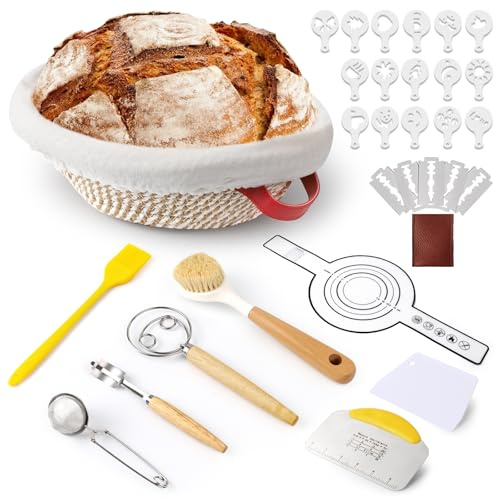 10pcs Sourdough Starter Kit, Bread Making Supplies Tools,10.24 Round Banneton Proofing Basket,Bread Lame, Dough Scraper, Cloth Liner, Dough Whisk, Silicone Basting Brush