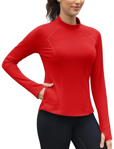 Maglietta termica da donna, a maniche lunghe, con due tasche, in pile, a maniche lunghe, per sport, traspirante, funzionale, lunga corsa, Colore: rosso, L