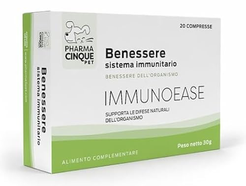 PHARMACINQUEPET Immunoease | Tillägg för hundar och katter för immunsystemstöd, antiinflammatorisk och antioxidant – Hericium, PEA, Noni & C-vitamin – 20 tabletter