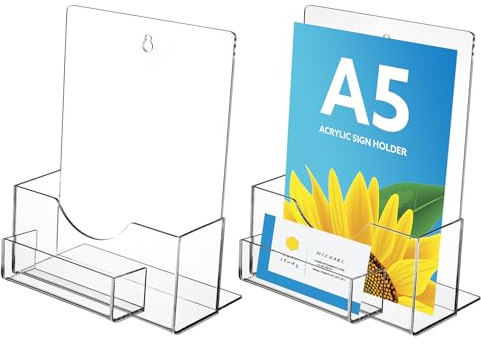 A5 Leaflet Holder with Business Card Holder, 2 Pack with Hanging Hole Acrylic Brochure Freestanding Booklet Flyer Stand for Office Restaurants Reception