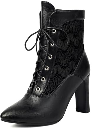 Genérico Mujer Punta Puntiaguda Cuero PU Botines Cortos Tacón Grueso Alto Retro Botines De Vestir Cordones Botas De Tobillo,Negro,41.5 EU