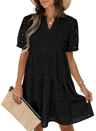 COCCKO Womens Summer Eyelet Dresses 2026 Casual Babydoll Swing V Neck Short Sleeve Hollow Out Lace Tunic Dress Black