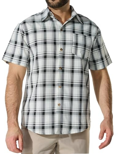 Cotton Short Sleeve Plaid Shirts for Women:Fashion Button Down Open Front Blouses Hiking Fishing Outdoor with Pocket（White,Small