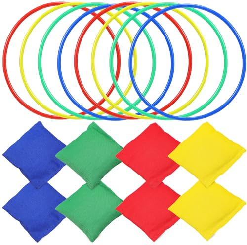 CLISPEED Jeu de Lancer D'anneaux en Plastique 16 Pièces 8 Anneaux 18 Cm 8 Paquet de Haricots 7,7 Cm, Coloré, Résistant aux Intempéries, pour Garçon et Filles et Jeux D'extérieur en Famille