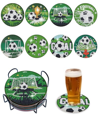 CULEB 8 Stück Diamond Painting Untersetzer mit Halter,Weltmeisterschaft Diamant Tassenuntersetzer,Diamond Painting Erwachsene zum Basteln,DIY Fußball Untersetzer rutschfest für Anfänger,Erwachsene