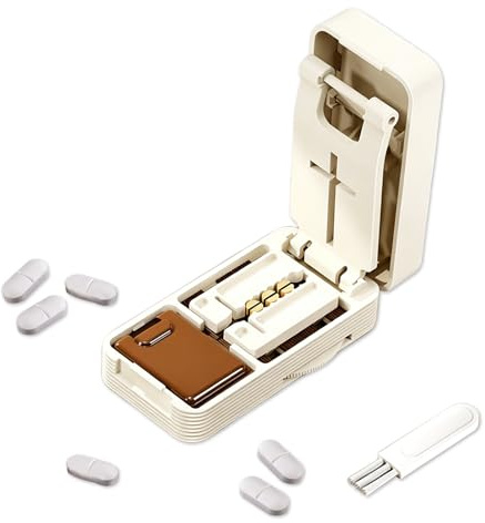Coupe Comprimé Portable en 4 Parties Précise, Découpeur Pilule Sécurisé avec Boîte de Rangement Anti-Poussière, Pill Box Léger Durable Anti-Dérapant Pratique pour Usage Quotidien Déplacement et Voyage