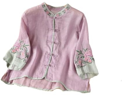 GaoLeAve Blusa bordada china de lino y algodón para mujer, manga 3/4, botones frontales, floral, casual, holgada, vintage, étnica, para verano, morado claro, S