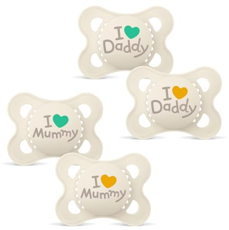 MAM Skin Soft Silicone Dummy // I Love Mummy & Daddy // 0-6 Mo. Boy // set of 4 // incl. 2 sterilised transport boxes
