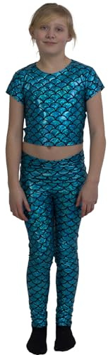 Crazy Chick® Girl's Shiny Mermaid Turquoise Leggings Metallic Fish Scale Tights Mermaid Costume - 9-10 Years