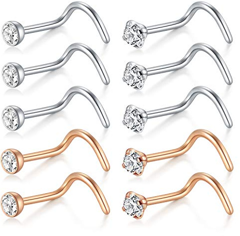D.Bella Näsringar 10 st 18 g Näsa Skruvringar Nitar Kirurgiskt Stål Piercing Smycken 2 mm Klar CZ Silver, Metall, Rostfritt stål
