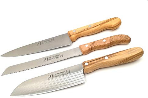 H. Herder Solingen 3er-Set Küchenmesser Santoku Kochmesser Brotmesser Olive echter Solinger Handabzug