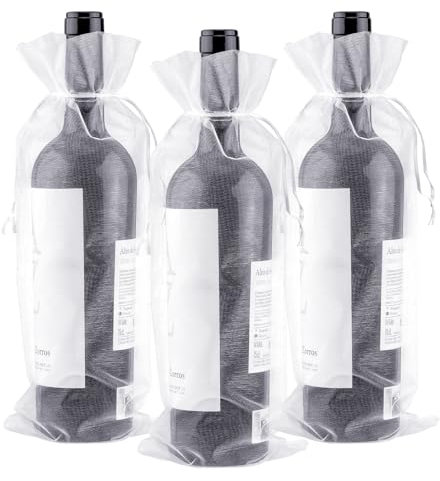 G2PLUS 30 Stück Weiß Organza Weintasche, 14x37CM Weinflasche Geschenkbeutel, 750ML Wein Organzabeutel mit Kordelzug für Wein Champagner Hochzeit Weihnachten Party