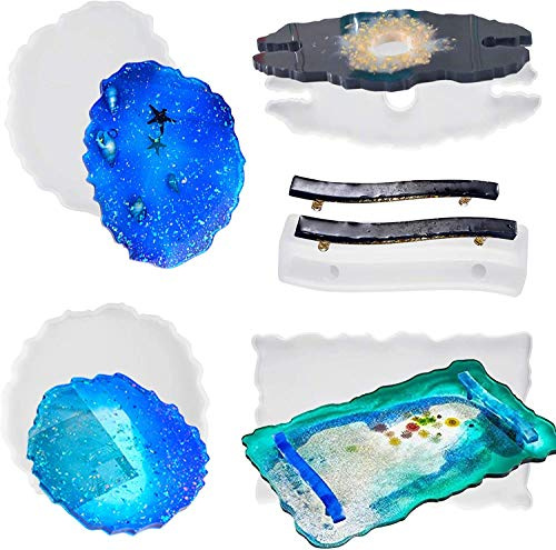 MSDADA 5 Pezzi Epossidica Stampo in Resina siliconica,Coaster Stampi in Resina,Stampi in Silicone per Vassoio per Alimenti, Manico Stampi in Resina, per Fare Coaster,Vassoio,Manico e Casa Artigianato