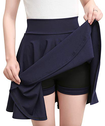 Womens High Waisted A-line Pleated Mini Skater Skirt Solid Color Casual Flared Ruffle Skorts(UK 16/Tag 3XL) Navy Blue