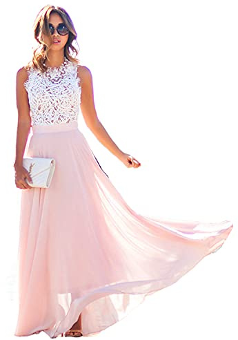 Loalirando Vestido de mujer elegante de verano sin mangas vestido de ceremonia de encaje vestido largo cintura alta vestido de moda para fiesta cumpleaños boda niña S-XXL Rosa M