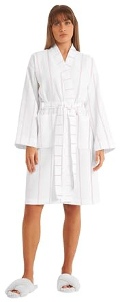 Cotton Trend Albornoz de punto gofre a rayas blancas y rosas para mujer, 100 % algodón turco, ligero con cuello kimono, bata de baño para mujer, de lujo, súper suave y acogedora, hasta la rodilla,