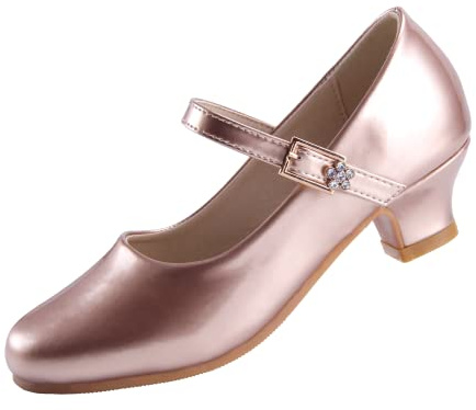 EIGHT KM Girls High Heel Dress Shoes Mary Jane Princess Wedding Party Pump Shoes EKM7015 Patent Leather Gold 4 UK Big Kid