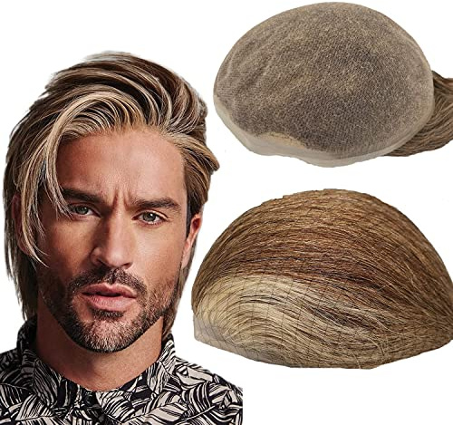 NLW Men's Toupee Full Lace Hair Toupee for Men, Swiss Lace European Straight Human Hair Replacement System, 8x10 Inch, Colour (#4/27/613 Blonde)