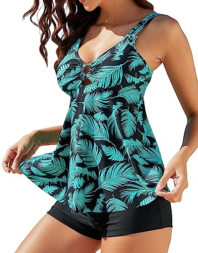 Genfien Maillot De Bain Deux Pièce Tankini Ensembles de Tankini pour Femme Imprimé Rembourré Maillot avec Short de Garçon Maillots de Bain Robe Top à Deux Bretelles