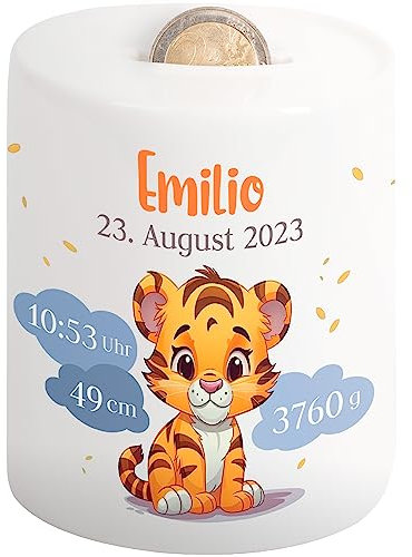 Kinder-Spardose mit Namen & Geburtsdaten personalisiert - Wolken-Motiv - Geldgeschenk für Neugeborenen & Baby - Sparschwein für Mädchen & Jungen - Geschenk zur Geburt, Taufe, Geburtstag (Tiger)