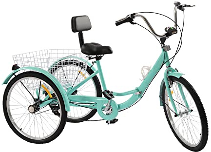 ROGONPDK 24 tums trehjuling vikbar trehjuling för vuxna 3 hjul 7 växlar vuxen cykel vuxen cykel turkos trehjuling seniorer cykel seniorer cykel med korg