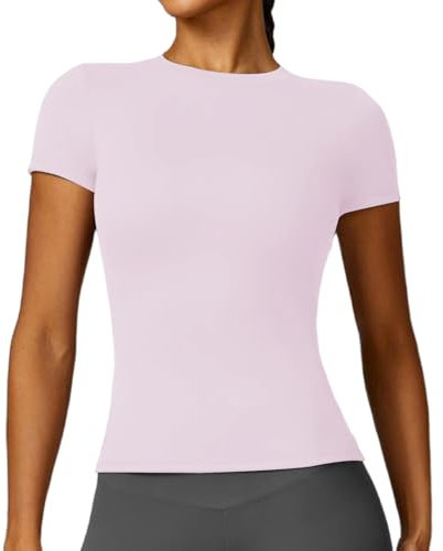 Women's Gym Tops Slim Fit Crew Neck Short Sleeve Tight Basic Solid Tee Athletic Running Yoga Sports T-Shirts Pink
