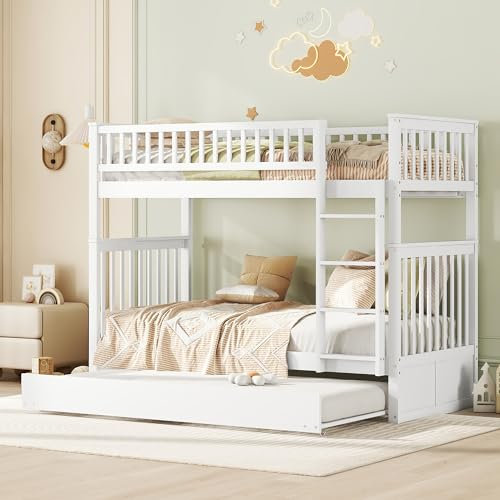 Hochbett 90x200 Dreier-Etagenbett für Erwachsene & Kinder, Stockbett DREI Personen mit 3X Lattenrost, Rausfallschutz, Jungenbett Gästebett Ausziehbett