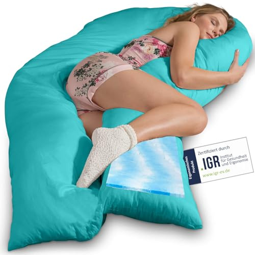 Traumreiter Seitenschläferkissen Visco XXL mit Bezug Baumwolle Türkis, Hybrid Kissen +1cm Memory Foam Schwangerschaftskissen U Form Gel Body Pillow Komfortkissen Ergonomie Zertifiziert