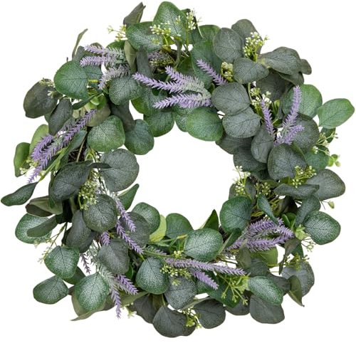Briful 16 Artificial Eucalyptus Wreaths Spring Wreaths with Lavender Stem for Front Door, Faux Lavender Summer Wreath Door Wreath for Window Wall Festival Décor