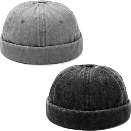 YeeHeen 2 Pcs Mens Dome Brimless Hats Sailor Docker Beanie Caps Street Skull Cap Black + Grey
