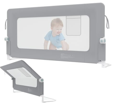 FIVMEN Bettgitter 180cm Rausfallschutz Bett Höhenverstellbar Kinder Bettschutzgitter Zusammenklappbar um 180 Grad Babybettgitter Kinderbettschutzgitter für Kinderbett Elternbetten, Grau