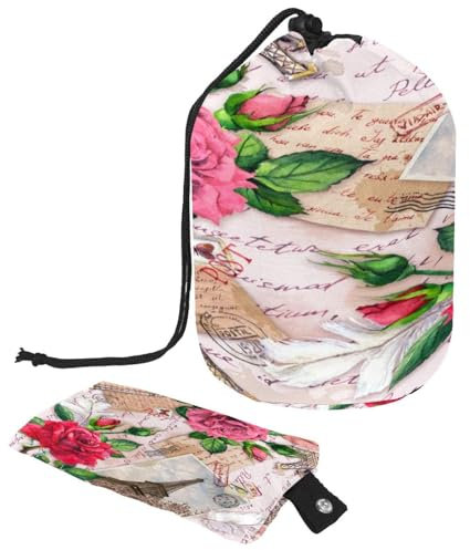 Beauty case con coulisse, Torre Eiffer, francobolli con rose, lettere scritte a forma di barile, borsa per cosmetici, organizer da viaggio per trucchi + piccola borsa, Multi,