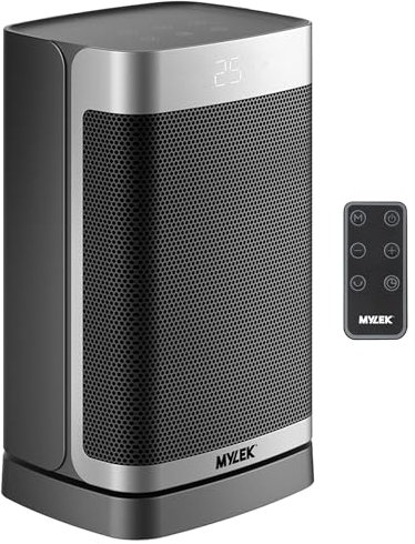 Mylek Electric Fan Heater 1500W, Ceramic Portable Silent Space Energy Efficient Heaters Upright, Cool Mode, Home, Bedroom, Office, Remote Control, Digital, Safety Tip Over (1.5KW Silver and Black)