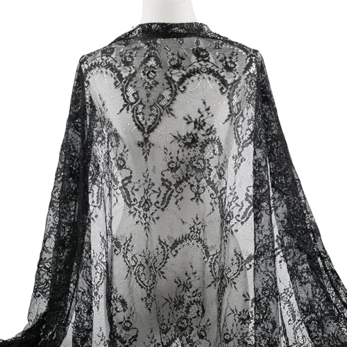 CABODYALS 3M Nero Modello di Maglia Morbido Tessuto Nappa Tessuto di Seta Ricamato Quadrato Solido Pizzo Panno Tulle Ricamo Vintage Panno per Cucito Fare Fai da Te Abiti Da Tavolo Da Matrimonio