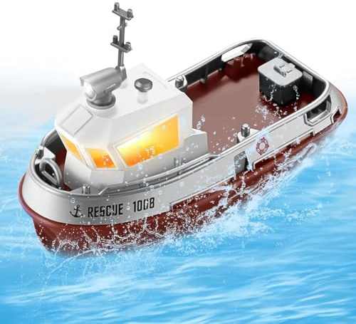 OBEST Bateau Telecommandé Action Enfant avec Lumières,Mini Bateaux RC Puissant 2,4 GHz,Remorqueur Telecommande pour Filles Et Adultes, Bateau Télécommandé Piscine,Rouge