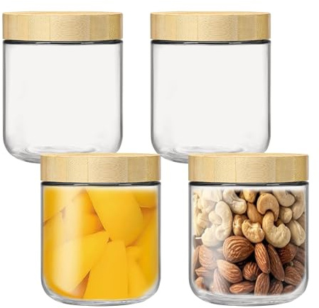 DYUEE 4-pack 10oz Glass jars with Airtight Lids, Transparent Jars with Wood Lids for Meal Prep, Wide Mouth Mason Salad Jars, Glass Food Storage Containers for Snacks Yogurt Spice Sugar