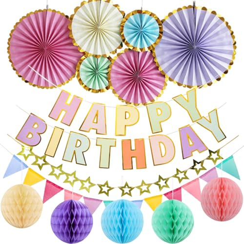 Ezydka Juego de decoración de cumpleaños para niñas, colores pastel con guirnalda de feliz cumpleaños, guirnalda de banderines, guirnalda de estrellas, bolas de panal, abanicos de papel para mujeres y