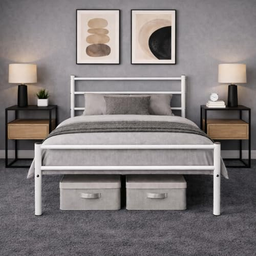 House Of Home Single Metal Bed Frame – Extra Strong Construction, with Underbed Storage, Reinforced Support Bars, and Easy Assembly - White
