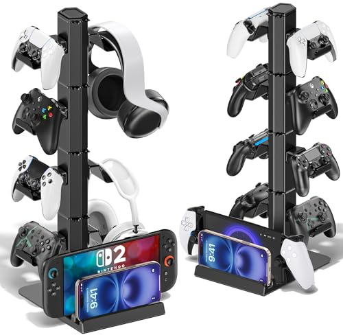 Support de Casques et Manettes, Crochet Détachable 4 Niveaux pour Télécommande avec Organisateur de Câbles, Rangement Accessoires Gaming pour PS5/Xbox/Switch, Idéal en Cadeau pour Gamers