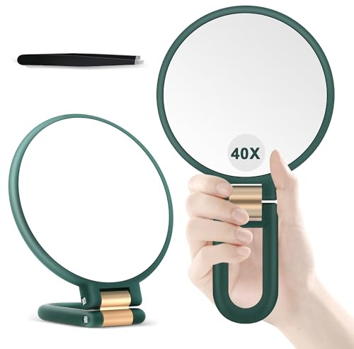 MIYADIVA 40X Magnifying Mirror, Hand Mirror for Makeup, Double Sided with 40X/1X Magnification, Travel Essential, Portable Foldable for Desktop and Bathroom, Gift for Women, Emerald Green