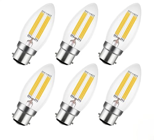 Wanym 6pcs 6W B22 LED Candela Filamento Lampadina, Lampadina a Baionetta, 60W, Candela Lampadine a Filamento, Dimmerabile Edison Lampadina Per Lampadari, Lampada da Parete,Warm white